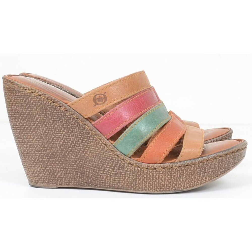 Born Kumi Womens Size 7 Leather Multi-Color Boho Slip On Strappy Wedge Heels